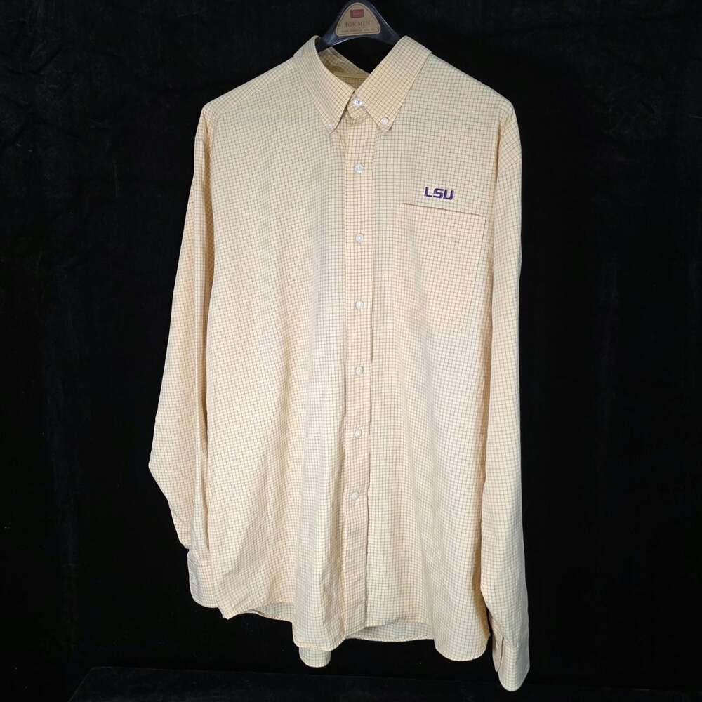 LSU TIGERS Cutter & Buck Yellow Cotton Dress Shirt Embroidery Purple Sz XL VGUC